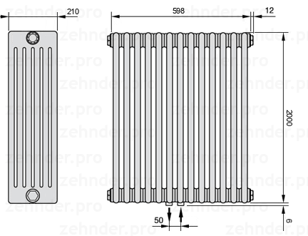 Схема (чертеж) Радиатор Zehnder Charleston 6200/13 №5410 Белый глянцевый RAL 9016